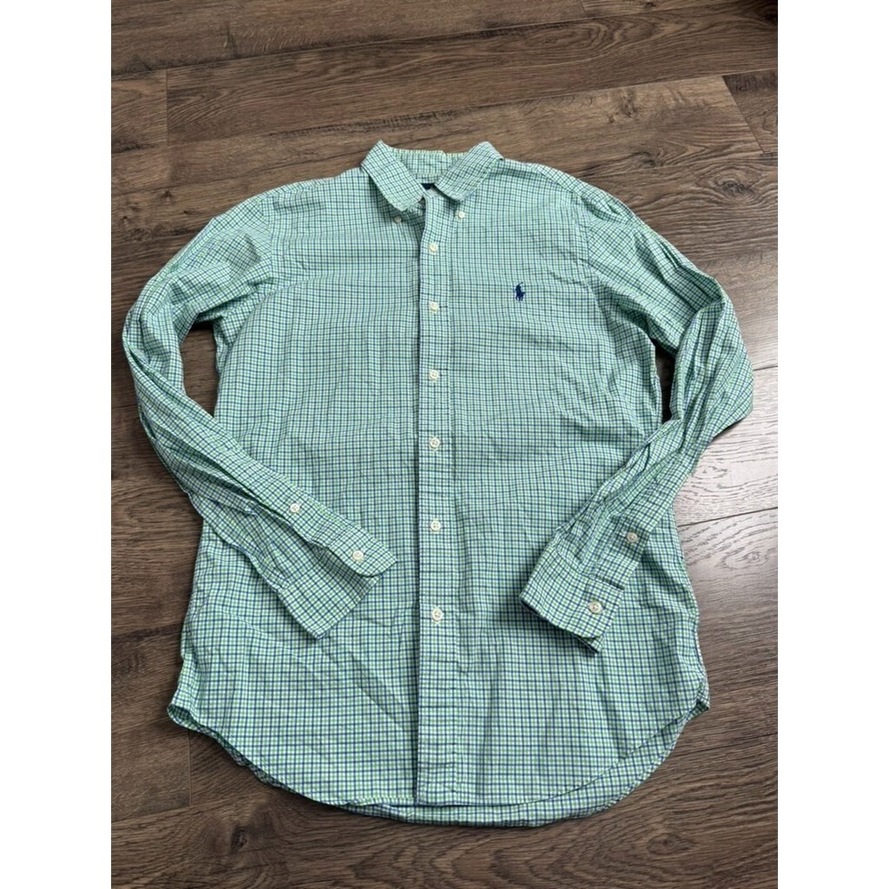 EUC Mens Ralph Lauren green blue plaid long sleeve button up 100% cotton size S